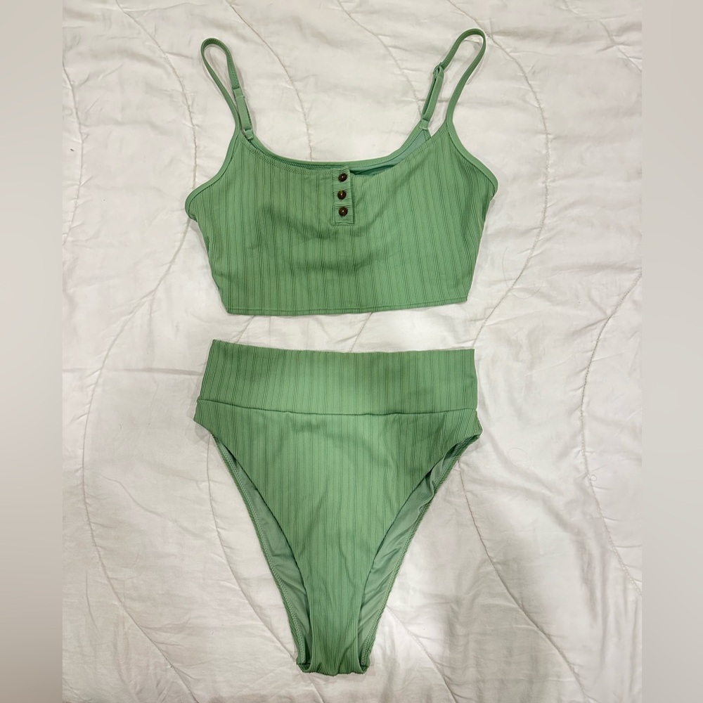 Aerie light green ribbed bikini with high waisted bottoms